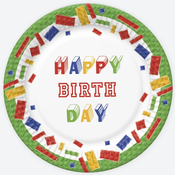 Happy Birthday Building Blocks papírtányér 8 db-os 18 cm