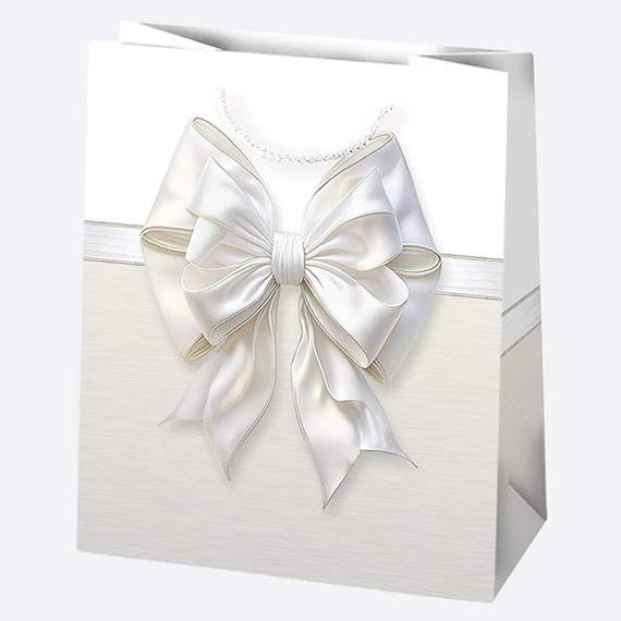 Fehér Bow papír ajándéktasak, ajándékzacskó 19x23x10,5 cm