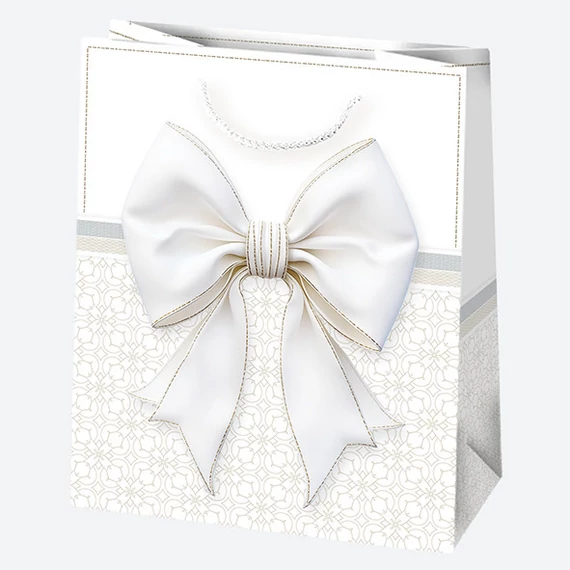 Fehér Bow papír ajándéktasak, ajándékzacskó 19x23x10,5 cm