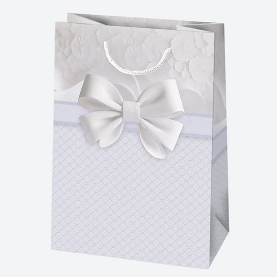 Fehér Bow papír ajándéktasak, ajándékzacskó 23x32x11 cm