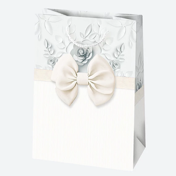 Fehér Bow papír ajándéktasak, ajándékzacskó 23x32x11 cm