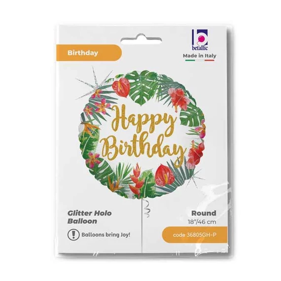 Happy Birthday Glitter Tropical fólia lufi 46 cm
