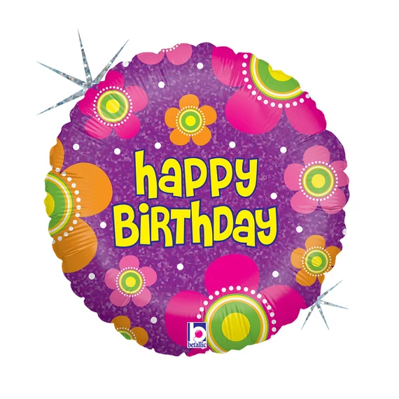 Happy Birthday Flowers Holo fólia lufi 46 cm