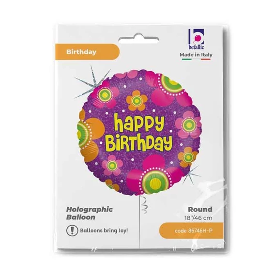 Happy Birthday Flowers Holo fólia lufi 46 cm