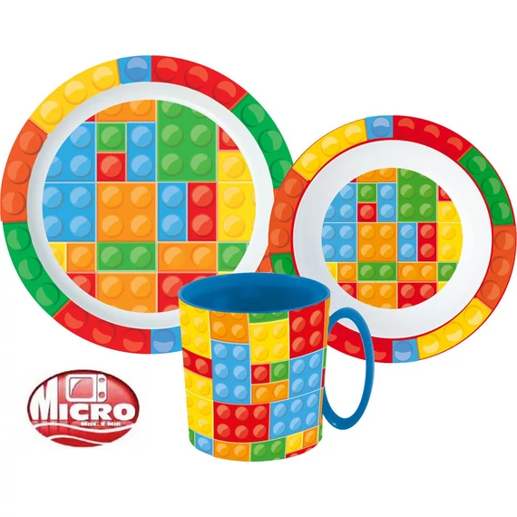 Lego mintázatú Bricks étkészlet, micro műanyag szett bögrével 350 ml