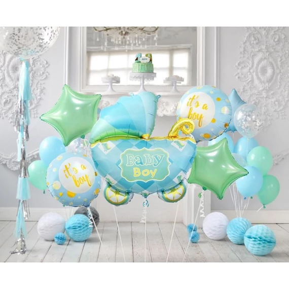 Kék babakocsi Carriage Blue fólia lufi 5 db-os szett