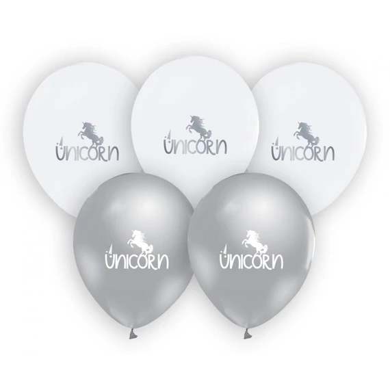 Unikornis Silver léggömb, lufi 5 db-os 12 inch (30cm)
