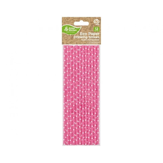 Rózsaszín Pink Dots papír szívószál 12 db-os