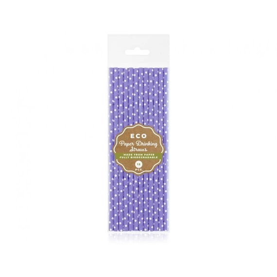 Lila Purple Dots papír szívószál 12 db-os