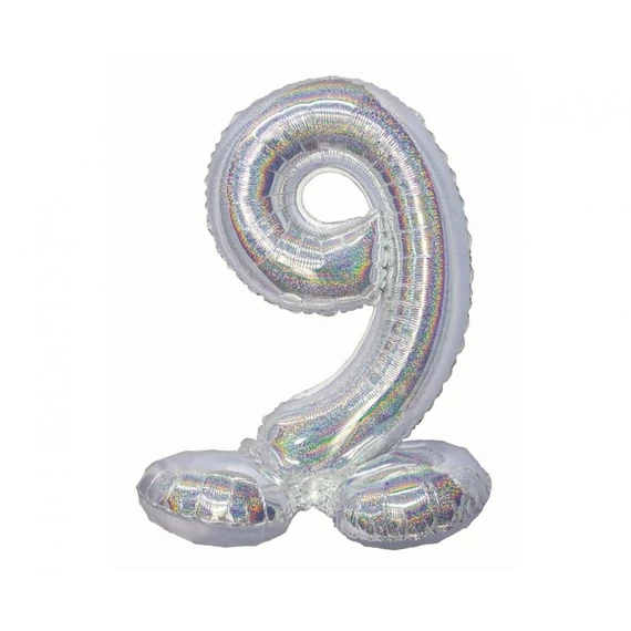 Ezüst Holographic Silver 9-es szám fólia lufi talppal 72 cm