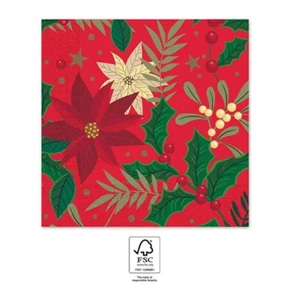 Karácsonyi Holly Poinsettia szalvéta 20 db-os 33x33 cm FSC