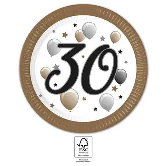 Happy Birthday 30 Milestone papírtányér 8 db-os 23 cm FSC