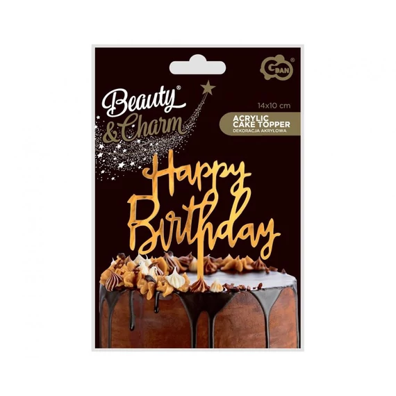 Happy Birthday Gold, Arany torta dekoráció 14 cm