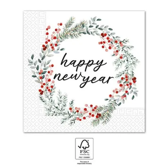 Happy New Year Wreath szalvéta 20 db-os 33x33 cm FSC