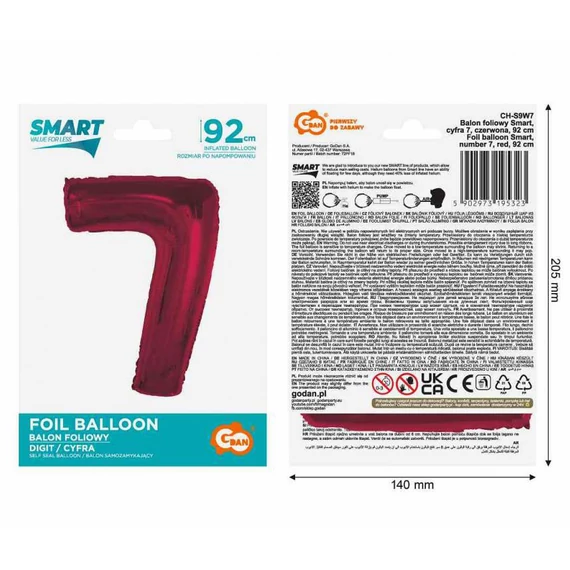 Piros 7-es Red szám fólia lufi 92 cm