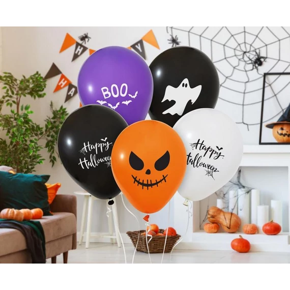 Halloween Happy léggömb, lufi 5 db-os 12 inch (30 cm)